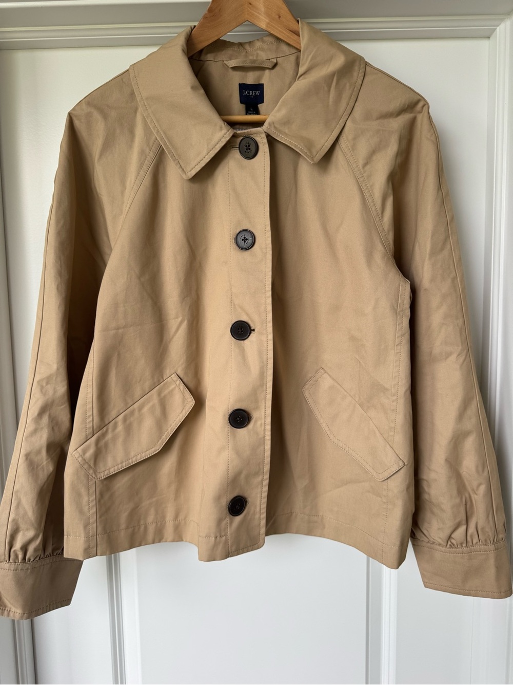 J.Crew Short Utility Trench Jacket L British Khaki Tan Cotton Cropped